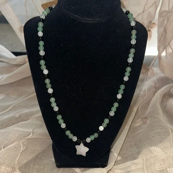 White Quartz Star Necklace(Black Obsidian, Quartz and Green Aventurine) - Picture 3 of 5